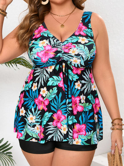 Printed Floral Swimsuit Women Large Plus Size Tankini 2 Pieces Swimwear Female Bathers Bathing Swimming Swim Suit 0XL-5XL