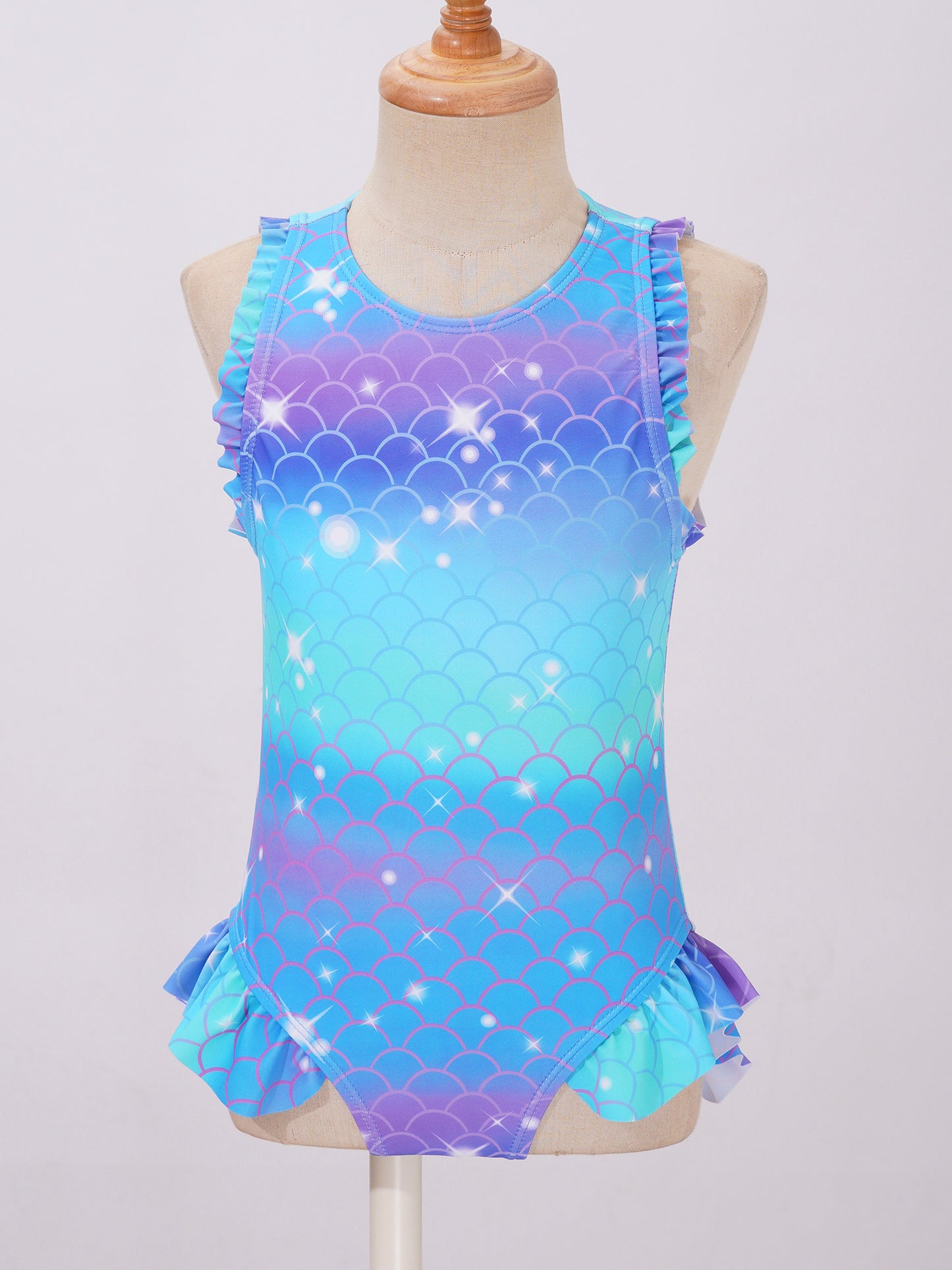 Kids Girls Mermaid Swimsuit Sleeveless Fish Scales Print Ruffle Flounce Jumpsuit Bathing Suit Pool Beach Athletic Swimwear