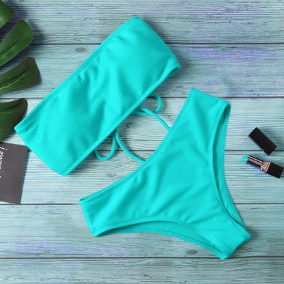 Bikini Women Swimwear High Waist Strapless Bikini Pure Color Women Swimsuit Padded Bathing Suit