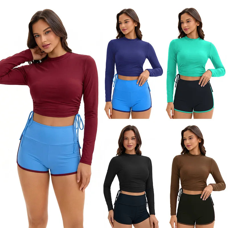 Long Sleeve Swimsuits for Women Bathing Suit Rash Guard Modest Surf Two  Piece High Neck Swimwear Block Colors with Boyleg