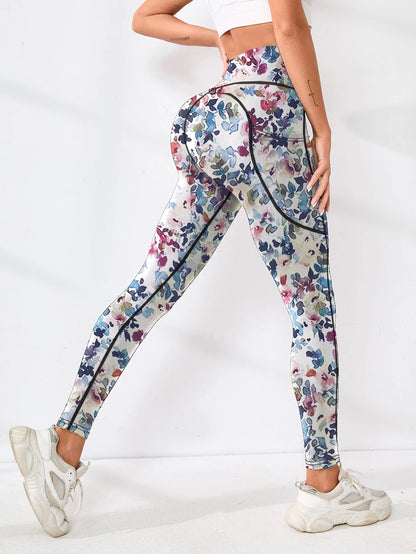Printed women's high waistband pocket fitness pants paired with tight abdominal yoga pants, suitable for running