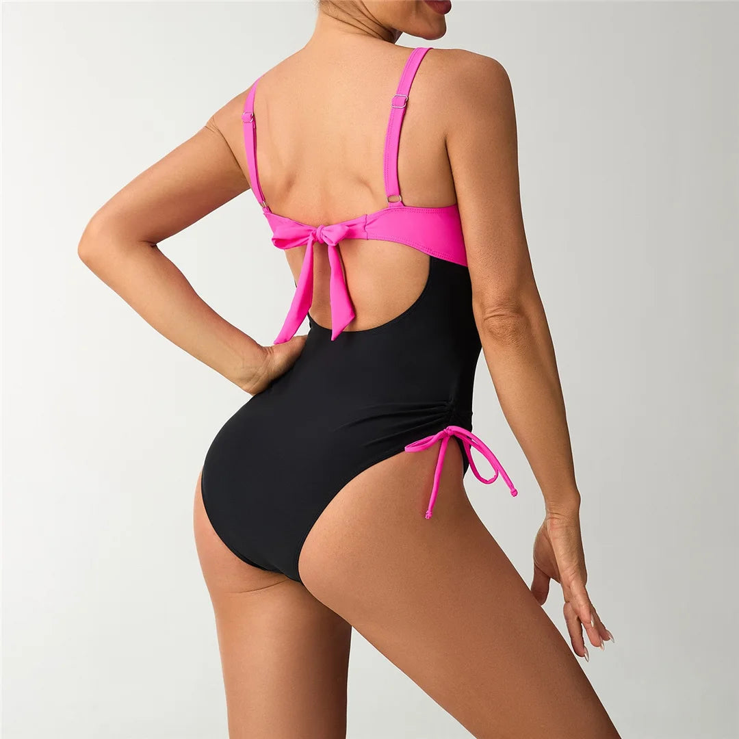 S - XXL Splicing V Neck Backless Women Swimwear One Piece Swimsuit Female High Leg Cut Padded Bather Bathing Suit Swim