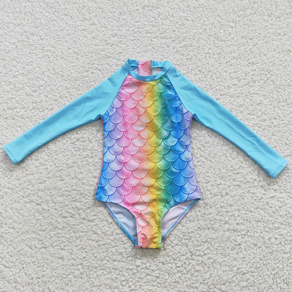 Colourful Designs Baby Girls Swimsuits Long Sleeve One Pieces Swimsuit Summer Fashion Kids Clothes Swimwear Boutique Girls Swim Clothes