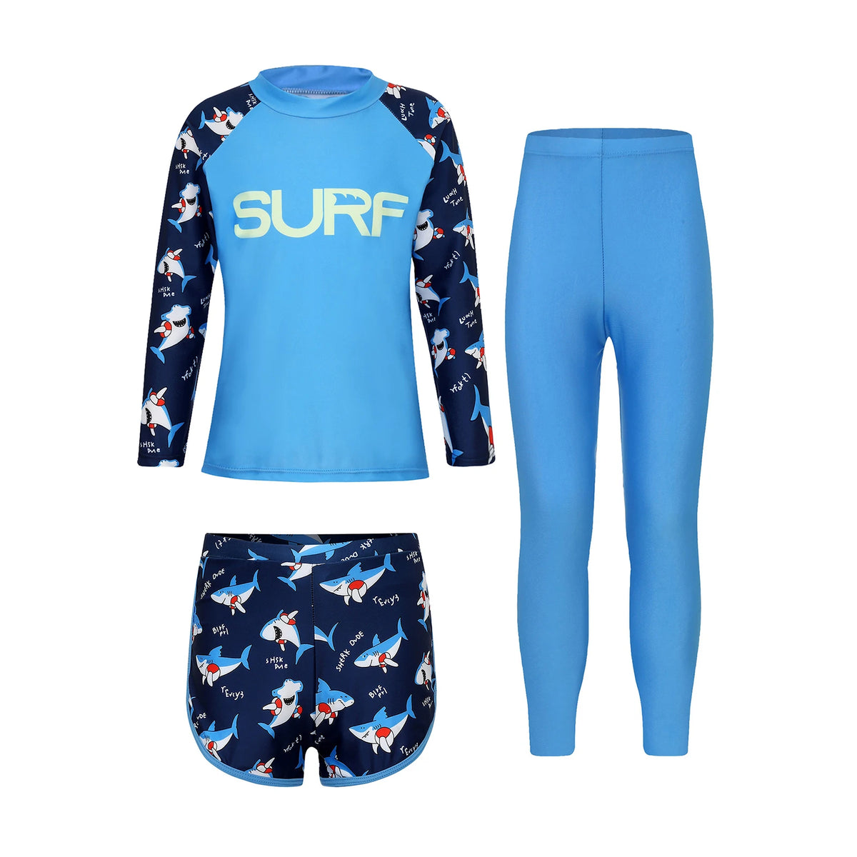 Kids' Three-Piece Long-Sleeve Rash Guard Set with Shorts & Pants