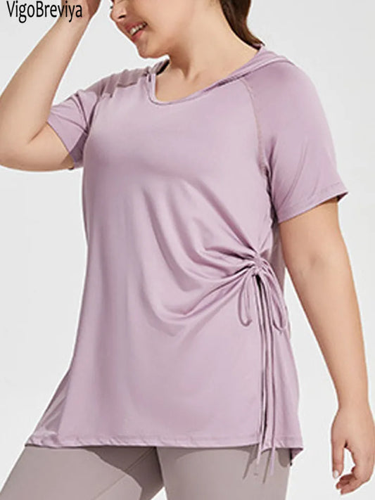 Plus Size Hooded Yoga Top Solid Fitness Big Sports T-shirts Short Sleeve Gym Running Curvy Workout Tops