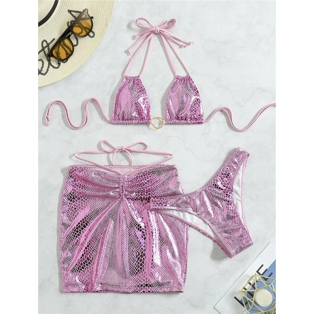Skirt Shiny Snake Skin Bikini Women Swimwear Female Swimsuit Three-pieces Bikini set Bather Bathing Suit Swim