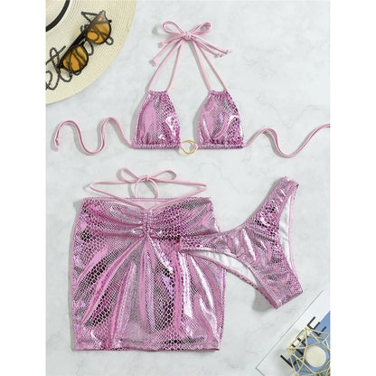 Skirt Shiny Snake Skin Bikini Women Swimwear Female Swimsuit Three-pieces Bikini set Bather Bathing Suit Swim