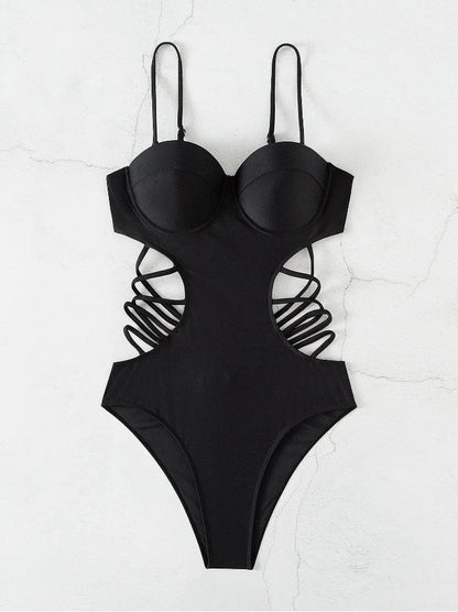 Black Strapped Swimwear Women Hollow Push Up One Piece Swimsuit Monokini High Waist Backless Bathing Suit