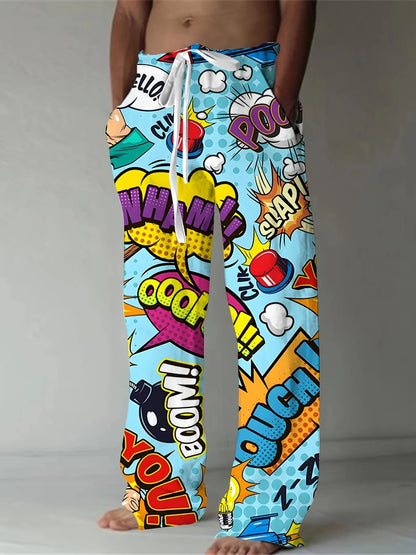 Men's Pants Summer Holiday Street Beach Pants Drawstring Pocket Casual Pants Abstract Texture Printed Men's Pants