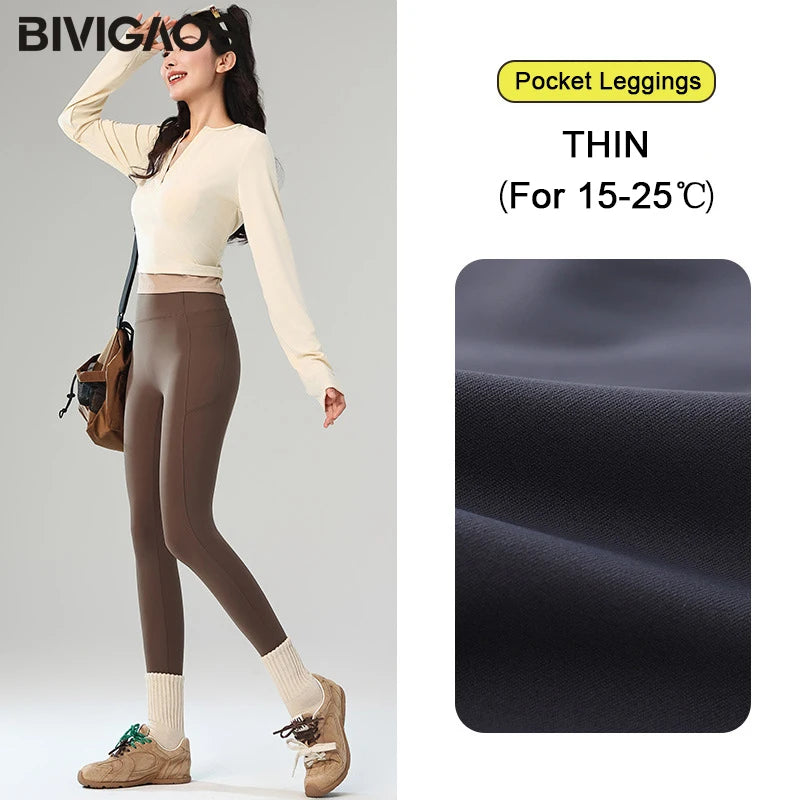 Winter Fleece Pocket Sharkskin Leggings Women High Waist Tight-Fit Velvet Thickened Warm Sports Running Leggings
