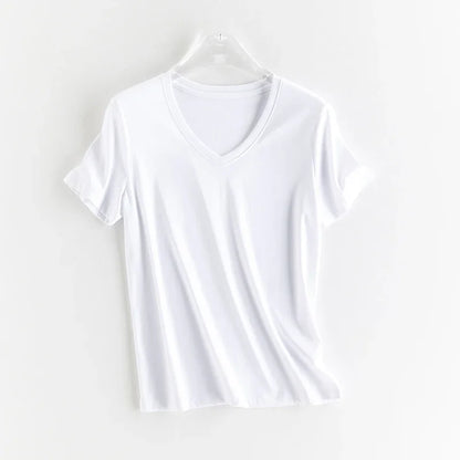 10% Silk & Mercerized Cotton Women T-shirt Luxury Tee Short Sleeve Silky Feeling Summer Wear Tops V / O-neck