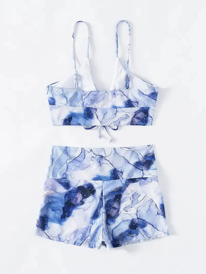 Separate Swimsuit Tie Dye Print Bikini Bathing Suit Women Tankini Set Drawstring Two-Piece Suits Shorts Swimwear Female