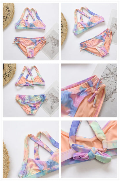7-14Year Rainbow Print Child Bikini Set 2024 Girls Swimsuit Swimwear For Kids Summer Brazilian Teen Baby Swimming Suit Set 2