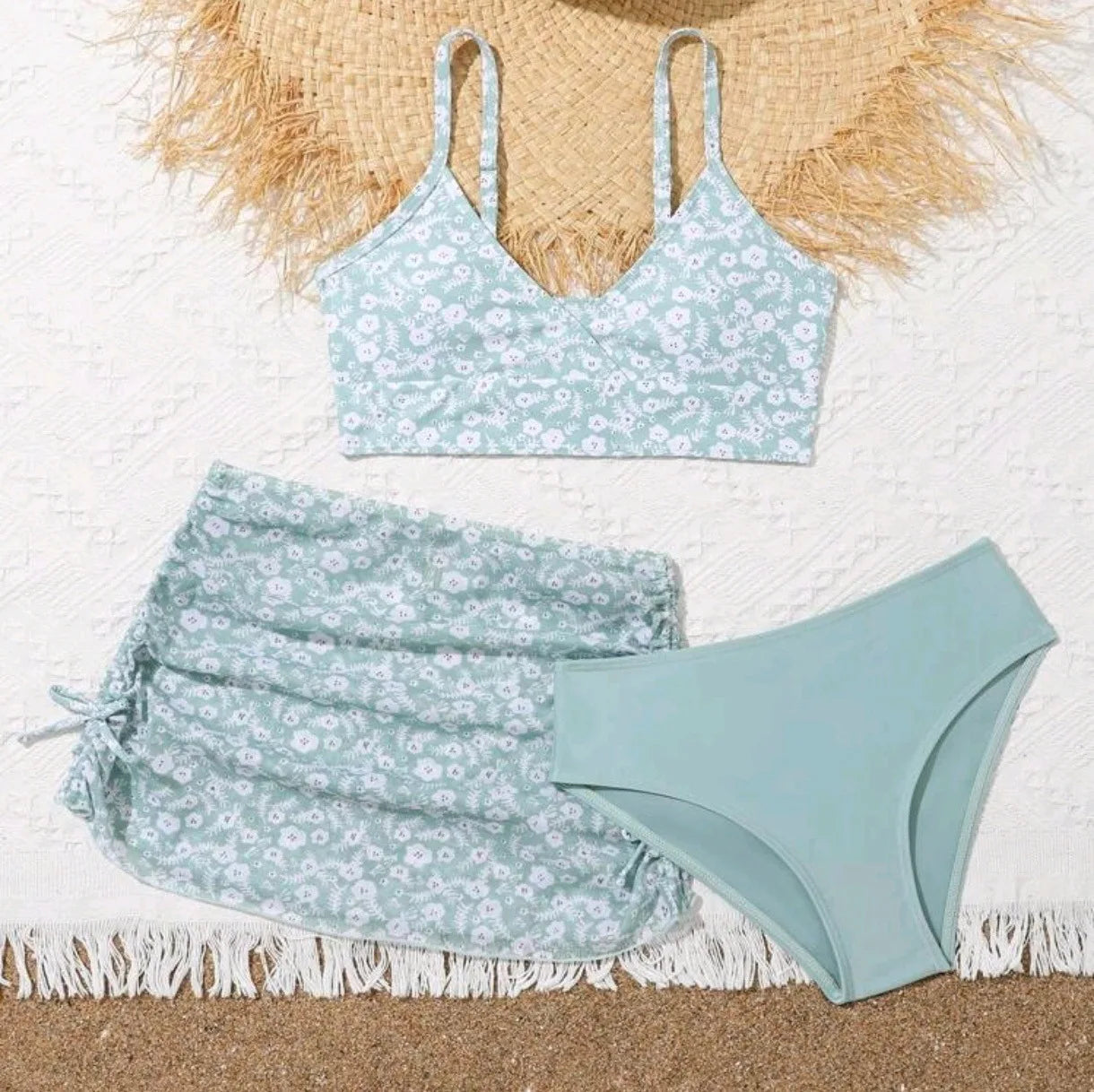 Girls 3 Piece Floral Print Bikini Sets Kids Swimsuit Beach Skirts 7-12 Years Children's Swimwear 2025 Teenages Girl Bathing Suit