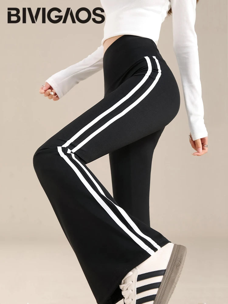 Sports White Stripe Micro Flared Leggings Women Tight Slim High Waist Horseshoe Pants Sexy Flared Trousers