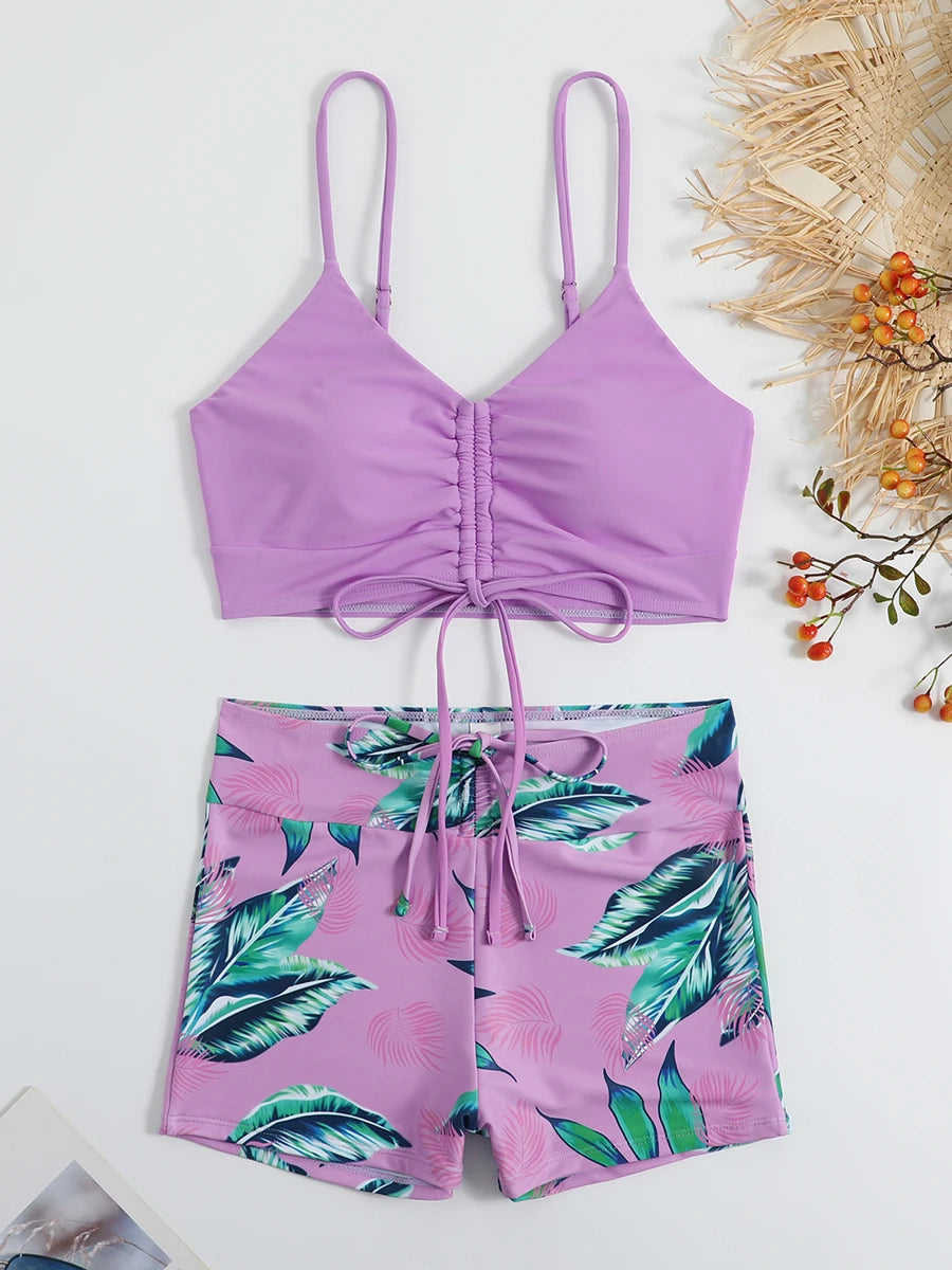 Drawstring Front Shorts Bikinis High Waist Swimsuit Women Swimwear Female Bathers Bathing Swimming Swim Suit Beachwear