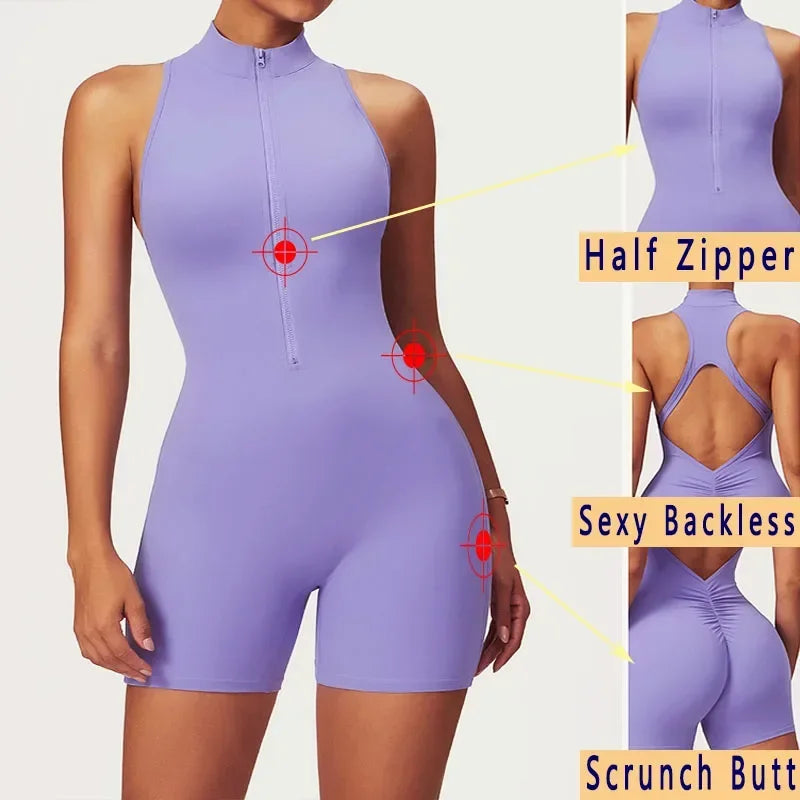 Women's Zip-Front Open-Back Workout Playsuit