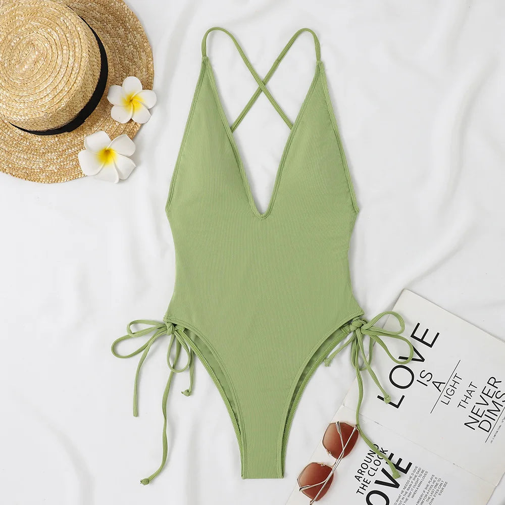 Solid Swimwear Women Strapped Push Up One Piece Swimsuit Beach Lady Monokini Cross Backless Bathing Suit