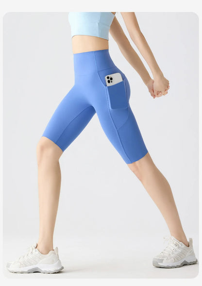 Pocket Yoga Sharkskin Bicycle Shorts Women Thin High Waist Push Up Light Feeling Sports  Fitness Cycling Shorts