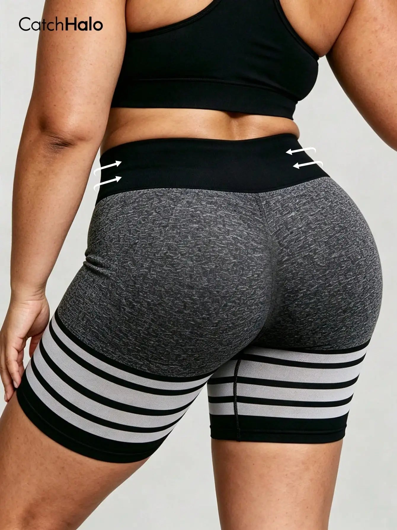 Plus Size Women Striped Gym Shorts, Seamless High Waist Tummy Control High Stretch Butt Lifting