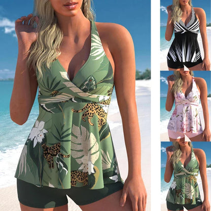Women's Tankini Vacation Swimwear Leaf Print Top and Halter Beach Swimwear S-6XL