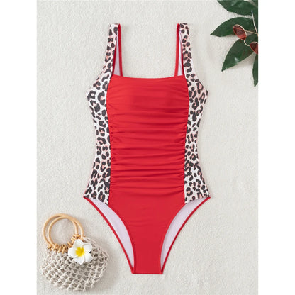 S - XXL 8 Colors Leopard Splicing Women Swimwear One Piece Swimsuit Female Wrinkled High Leg Cut Bather Bathing Suit Swim