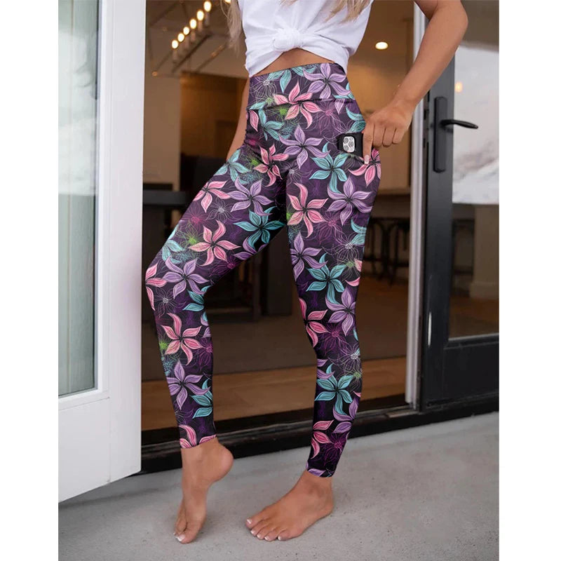 High Waist Women's Fitness Leggings 3D Digital Print Sexy Pocket Elastic Pants Fashionable Gym Trousers