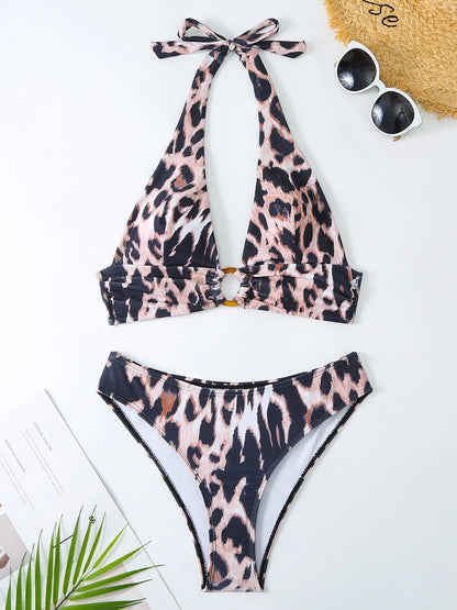 Halter Leopard Two Piece Bikini Women Swimsuit Female Padded Swimwear Bathers Bathing Swimming Swim Suit Summer Beachwear