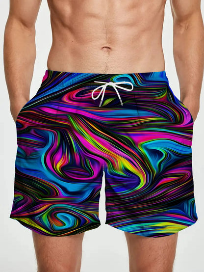 Elastic Waist Men Beach Shorts Full Digital Print Polyester Quick Dry Swimwear