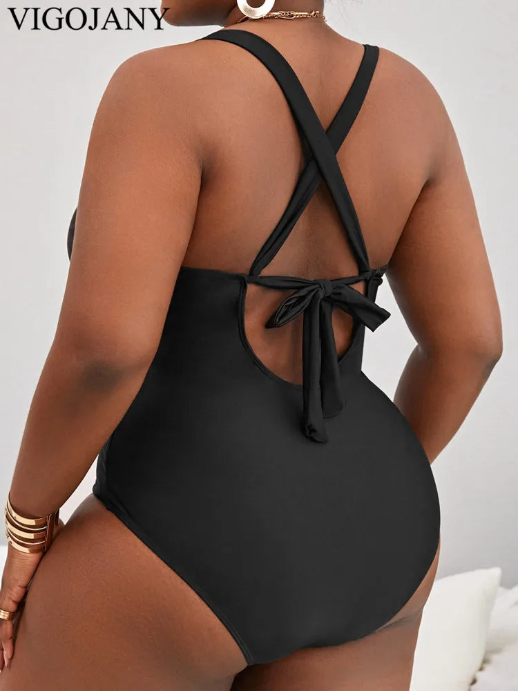 Black Strapped Plus Size Swimwear Women Patchwork Push Up One Piece Swimsuit Back Cross Hollow Big Bathing Suit