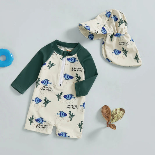 Long Sleeve Kids Baby Boys Swimsuits with Hats Cute Cartoon Fish/Turtle Print Children Swimming Suit Beach Wear