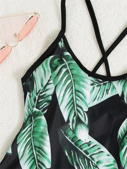 String Tankini Two Piece Leaf Print Swimsuit Women High Waist Shorts Swimwear Female Bather Bathing Swimming Suit Beachwear