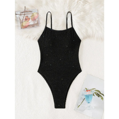 Wrinkled Crinkled Glitter Sparkling One Piece Swimsuit Women Swimwear Female High Cut Padded Bather Bathing Suit Swim