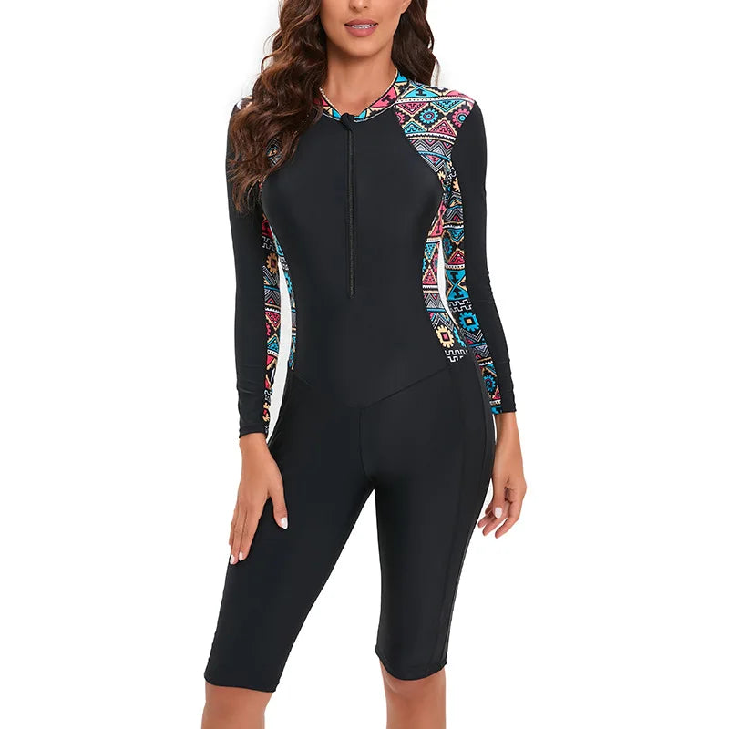 Rash Guard One Piece Women Sports Swimwear Patchwork Long Sleeve Swimsuit Push Up Beach Wear Bathing Suits Surfing Swimsuit Bathers