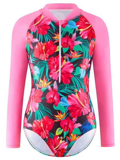 Girls Swimsuit One Piece Long Sleeve Floral Print Swimwear Beach Pool Kids Tween Swim Summer Bikini Cut Bottom Contrast Color