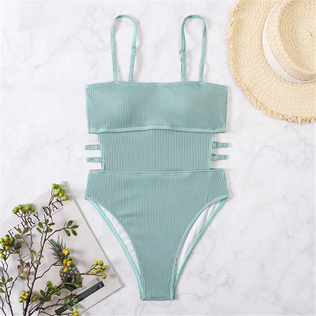 S - XL 11 Colors Ribbed Cut Out One Piece Swimsuit Women Swimwear Female High Leg Cut Padded Bather Bathing Suit Swim Lady