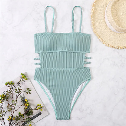 S - XL 11 Colors Ribbed Cut Out One Piece Swimsuit Women Swimwear Female High Leg Cut Padded Bather Bathing Suit Swim Lady
