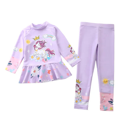 Swimsuit for Girls Long Sleeve Ruffles Girls Swimwear Cartoon Print Separate Bathing Suit Kids 2 Pcs Beach Surfing Swimming Wear