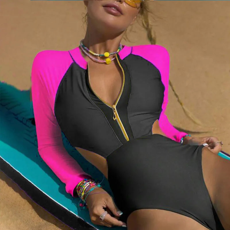 Patchwork One-Piece Swimsuit Long Sleeve Swimwear Sports Backless Women's Swimming Bathing Suit Beach Wear Bather Surfing