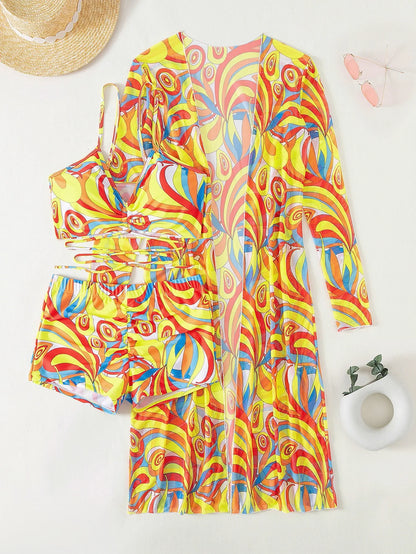 3 Pieces  Print Bikini Women High Waist Swimsuit Cover Up Swimwear Female Lady Bathing Suit Swimming Summer Beachwear