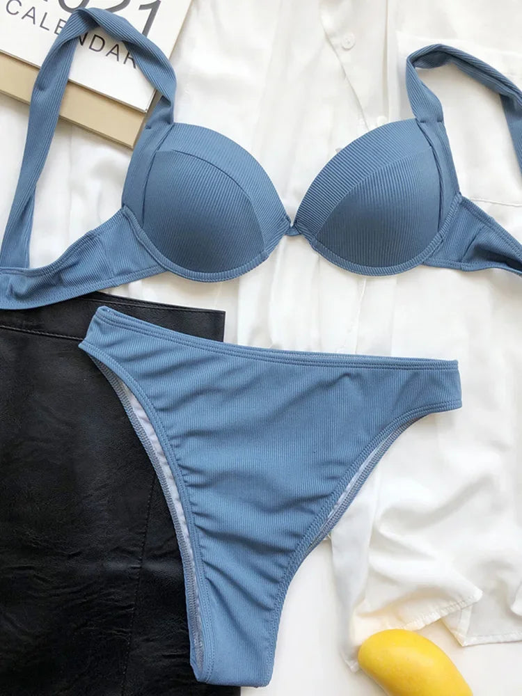 Ribbed Bra Cup High Waist Bikini Women Swimsuit Female Swimwear Two Pieces Bikini set Push Up Bather Bathing Suit Swim Lady