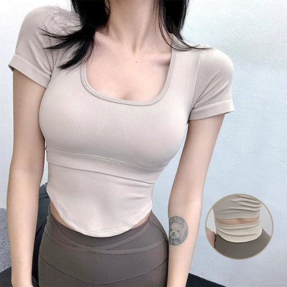 Aiithuug U Neck Yoga Bra Crop Bra Short Sleeve Ribbed Gym Crop Pilates Bras Gym Bra Workout Crops Fitness Top Running Crops