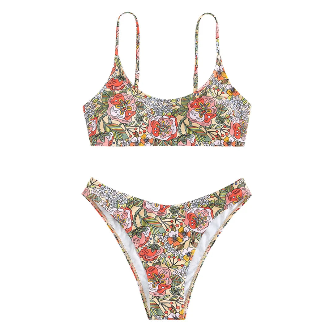 Floral Printed Brazilian Mid Waist Bikini Women Swimwear Female Swimsuit Two-pieces Bikini set Bather Bathing Suit Swim