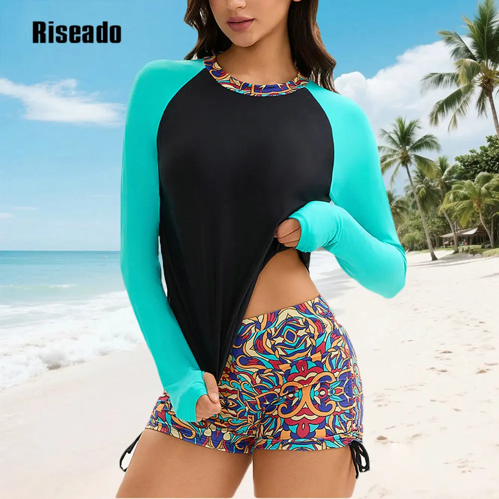 Riseado Rash Guard Swimsuits for Women Sun Protection Uv UPF 50+ High Waist Two-Piece Long Sleeves Surf Suit Swimwear