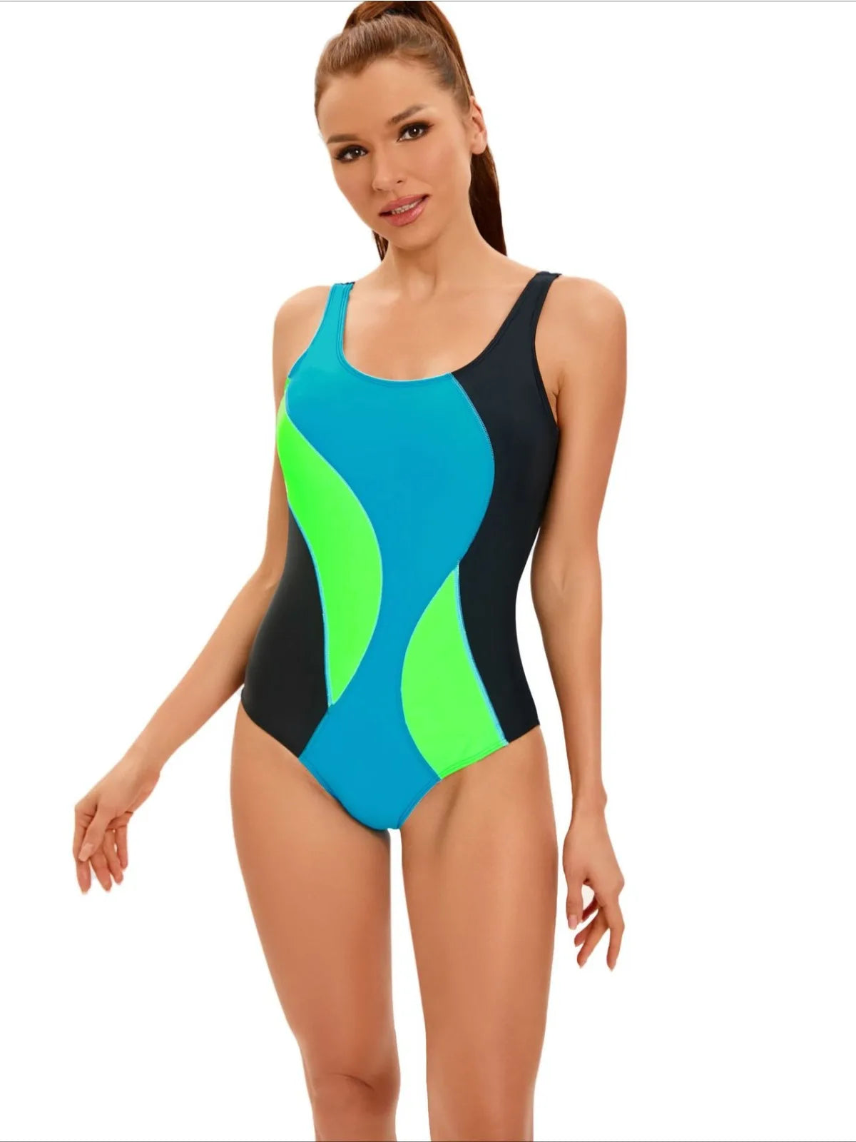 Sports Patchwork Swimsuit for Women, Conservative One Piece Swimwear U-neck Suspender Backless Monokini, beach Bathing Suit Pool