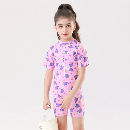 Leaf Print One Piece Girls Swimwear Kids Short Sleeve Swimsuit With Front Zipper Summer Children Swimming Suit Beachwear