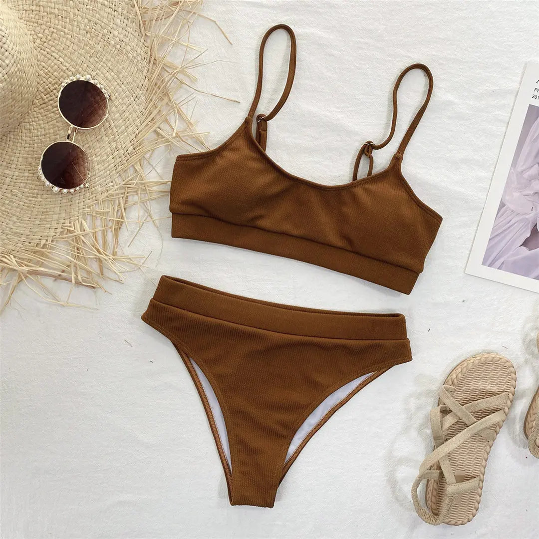 Colourful Ribbed Female Swimsuit High Waist Bikini Women Swimwear Two-piece Bikini set Bather Bathing Suit Swim Lady