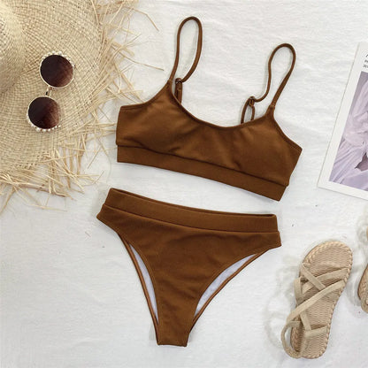 Colourful Ribbed Female Swimsuit High Waist Bikini Women Swimwear Two-piece Bikini set Bather Bathing Suit Swim Lady