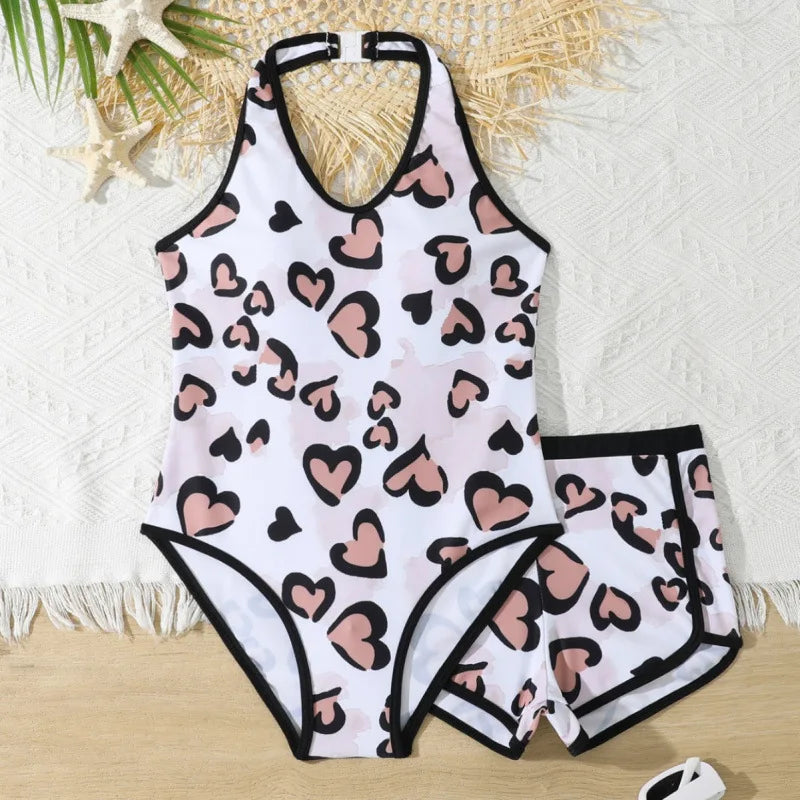 Girls One Piece Swimsuit 7-12 Year Kids Swim Suit Teenage Children's Swimwear Leopard Bathing Suits with Shorts Bodysuit