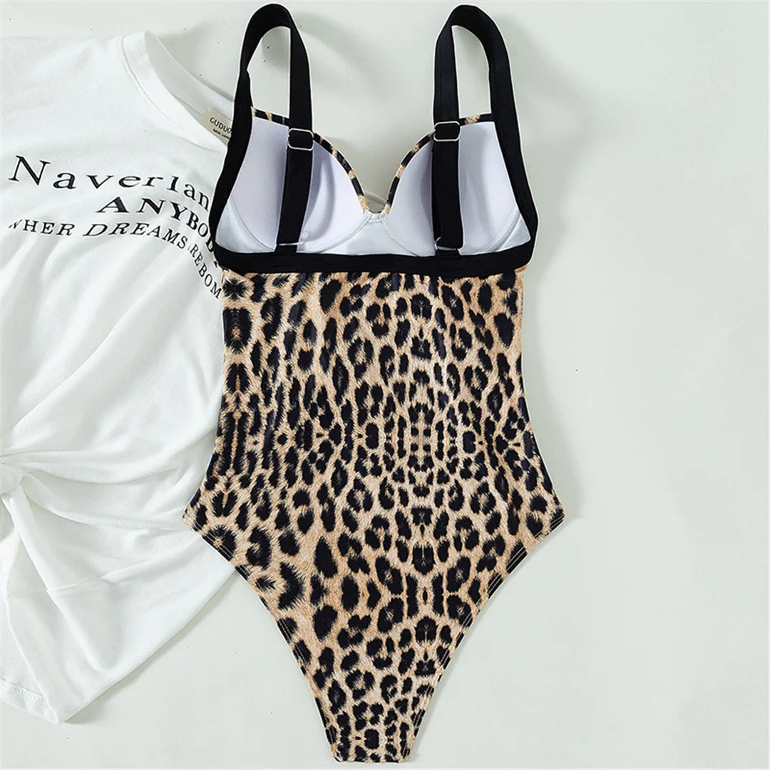 Thick Strap One Piece Women Leopard Printed Underwired Bra Cup Women Swimwear One Piece Swimsuit Female Monokini Bather Bathing Suit Swim